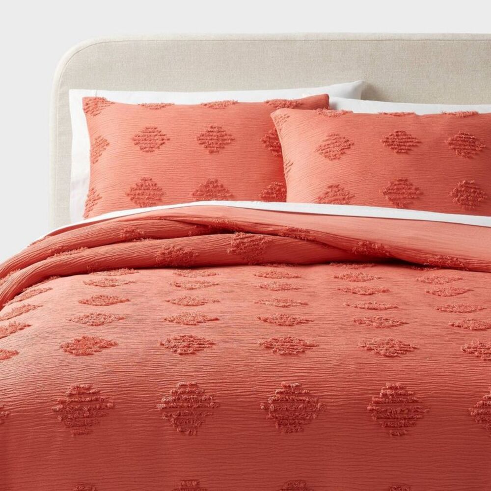 Twin/Twin XL Tufted Diamond Crinkle Duvet Cover Set - Melon Pink